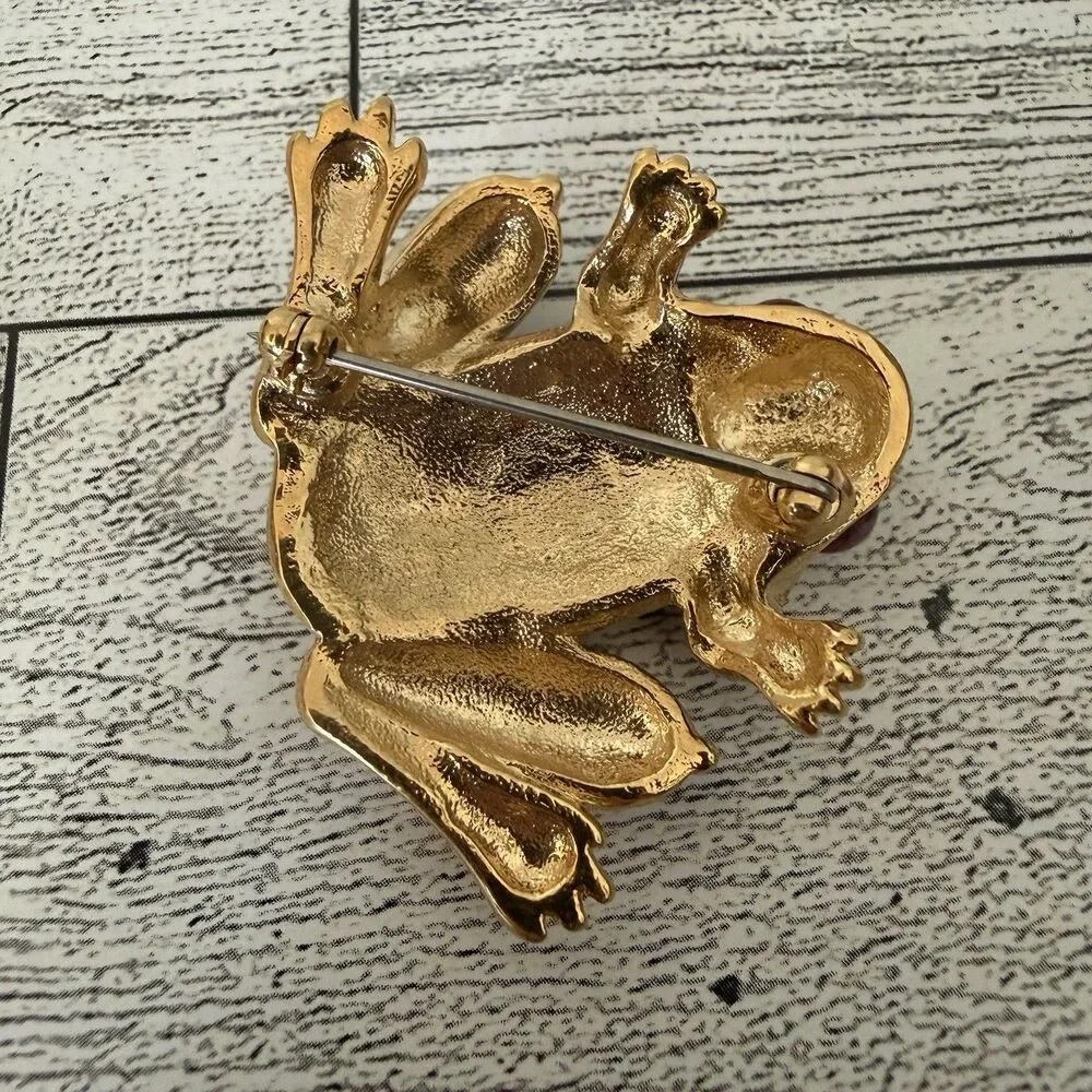 Vintage Two-Tone Frog Pin Brooch Pavé Rhinestone Red Cabochon Eyes Figural